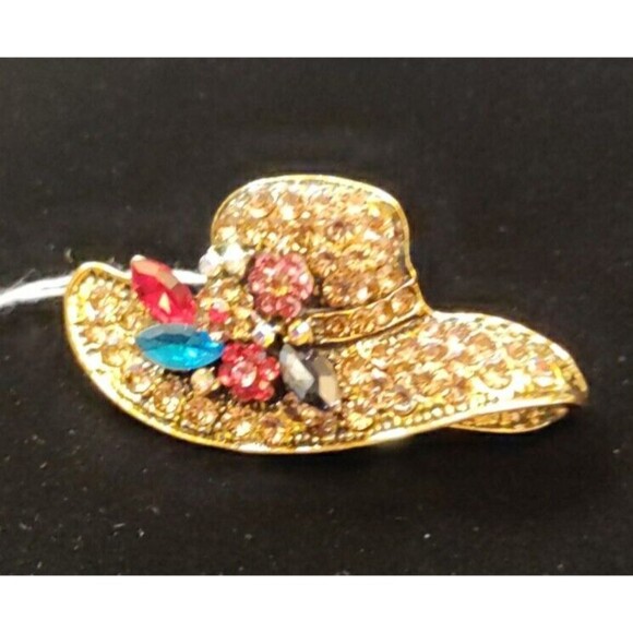 Flowered  Multicolor Rhinestone Summer Hat  Brooch 1.75" W X 1" Long - Picture 1 of 3